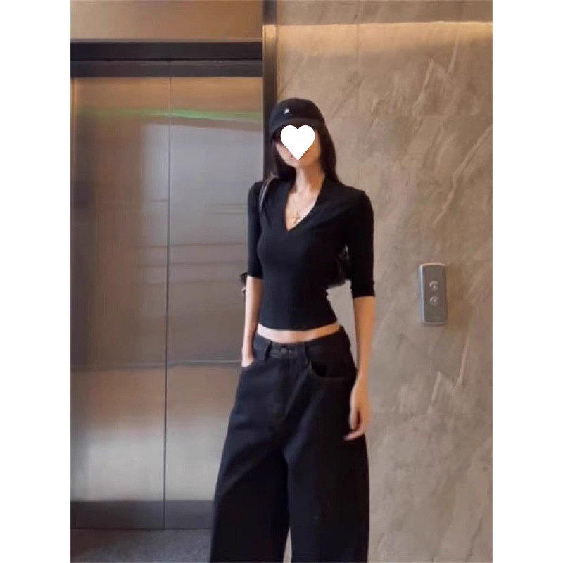 工厂直销 40支纯棉 韩系黑色V领五分袖上衣女chic别致辣妹小众T恤|undefined