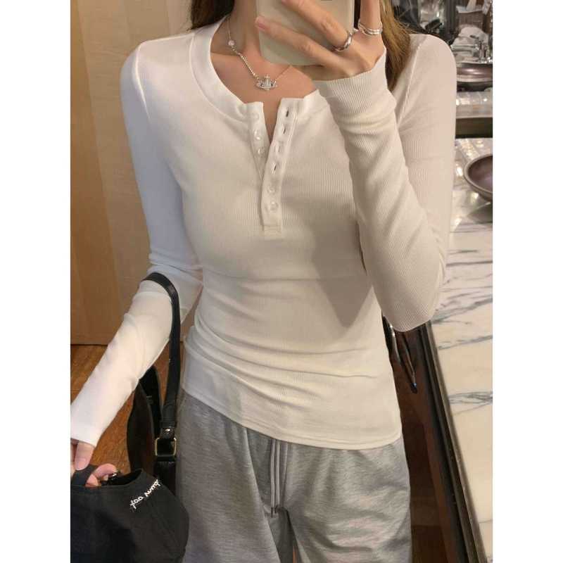 别致半开领纽扣正肩打底上衣女春秋季修身甜辣妹长袖T恤内搭小衫|undefined