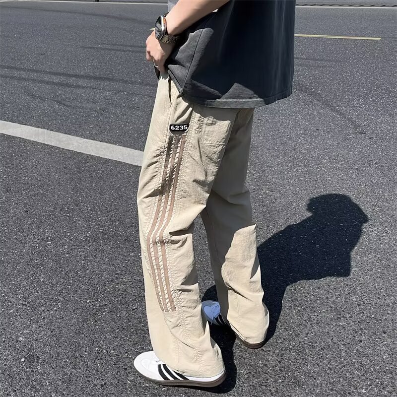 American-Style Three-Stripe Straight-Leg Pants for Men, Summer Thin Breathable Quick-Dry Ice Silk Casual Pants, Loose Wide-Leg Pants American-Style Three-Stripe Straight-Leg Pants for Men, Summer Thin Breathable Quick-Dry Ice Silk Casual Pants, Loose Wide-Leg Pants