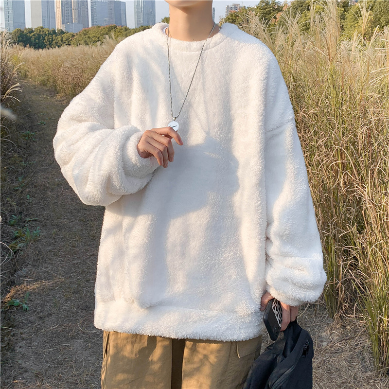 Lamb wool sweater men's loose Korean style trendy long-sleeved T-shirt winter thickened flannel warm top bottoming shirt Lamb wool sweater men's loose Korean style trendy long-sleeved T-shirt winter thickened flannel warm top bottoming shirt