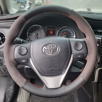 Steering wheel cover Revo steering wheel - toyota-rav4-rongfang-14-black-leather-suede-without-perforationsred-stitchinggenuine-microfiber