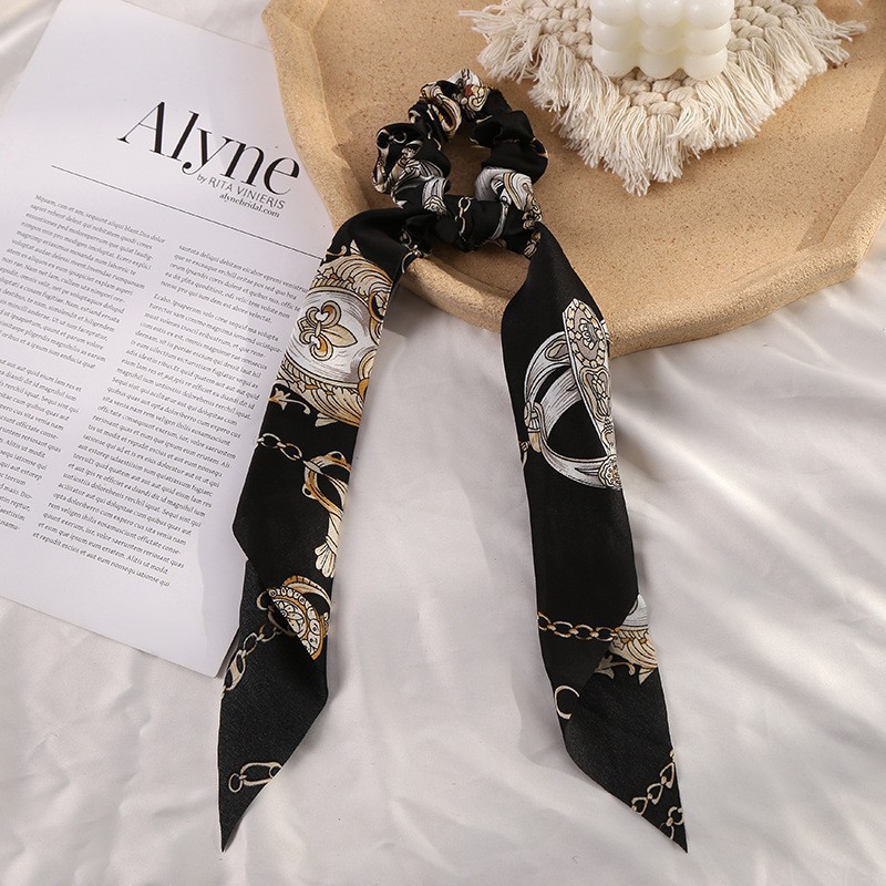 Nuevo lazo de raso estampado, coletero de encaje elegante estilo chino, cuerda para el pelo de cola de caballo al por mayor