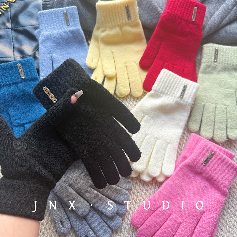 Wool Metal Label ~ Autumn and Winter Knitted Gloves for Women, Warm Fingerless Touch Screen Cold-Proof Cycling Gloves