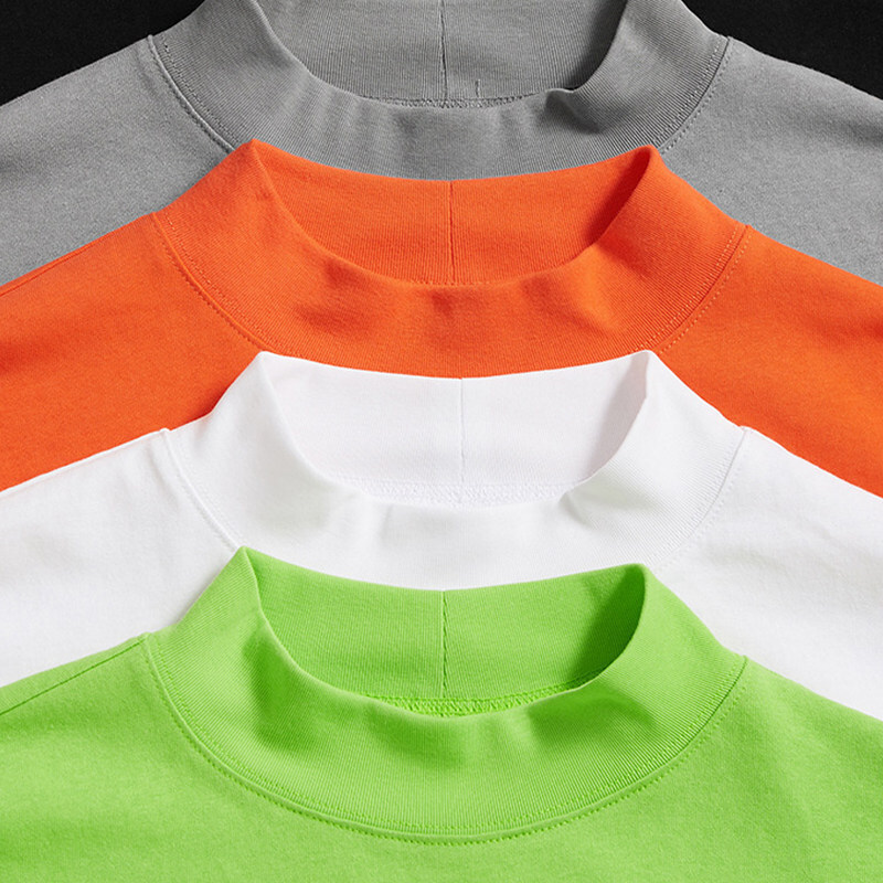 Men's American-Style Oversized Half-Turtleneck T-Shirt, Women's 220g Pure Cotton Short-Sleeve Half-Turtleneck, Small Neckline, Five-Quarter Sleeves