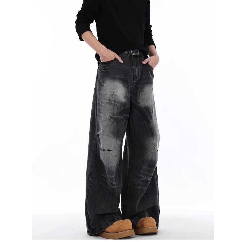 2025 Spring And Autumn American High Vintage Distressed Dyed Paris Ripped Jeans Men's Street Straight Loose Flared Pants_mkmklike.com
