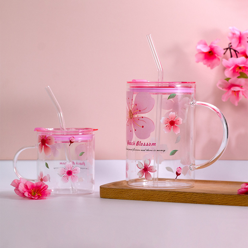 和谐居·樱花吸管玻璃杯子新款办公室带盖水杯家用果汁奶茶咖啡杯