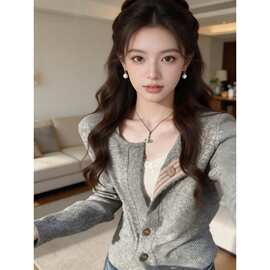 韩系慵懒风翻领针织开衫上衣女秋冬设计感巨好看软糯修身毛衣