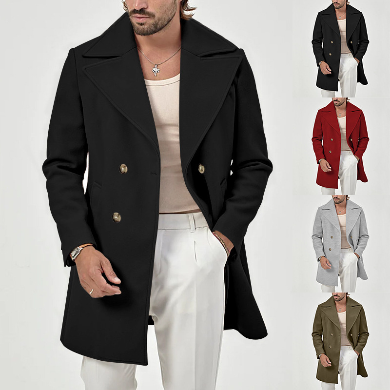 Men's suit collar medium length men's casual solid color versatile windbreaker coat_voghion.com