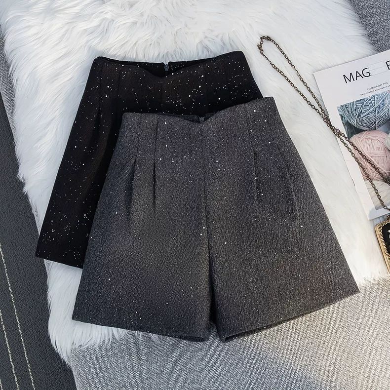 Tweed Style Sequined Woolen Shorts for Women 2025 New Autumn and Winter Outer Wear with Boots High-Waisted A-Line Bottoming Boot Pants Tweed Style Sequined Woolen Shorts for Women 2025 New Autumn and Winter Outer Wear with Boots High-Waisted A-Line Bottoming Boot Pants