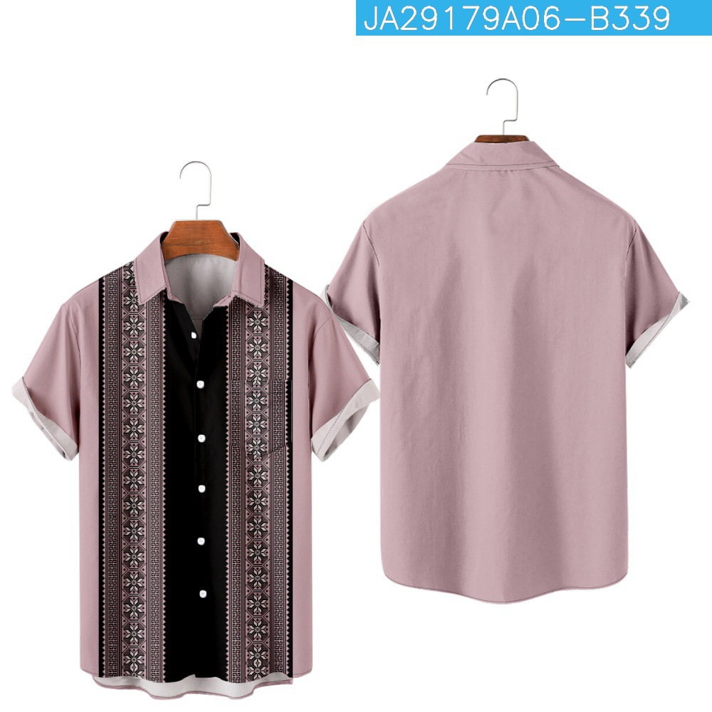 2023 nuevo verano transfronterizo rayado floral 3D Impresión digital manga corta moda solapa camisa de bolsillo de los hombres