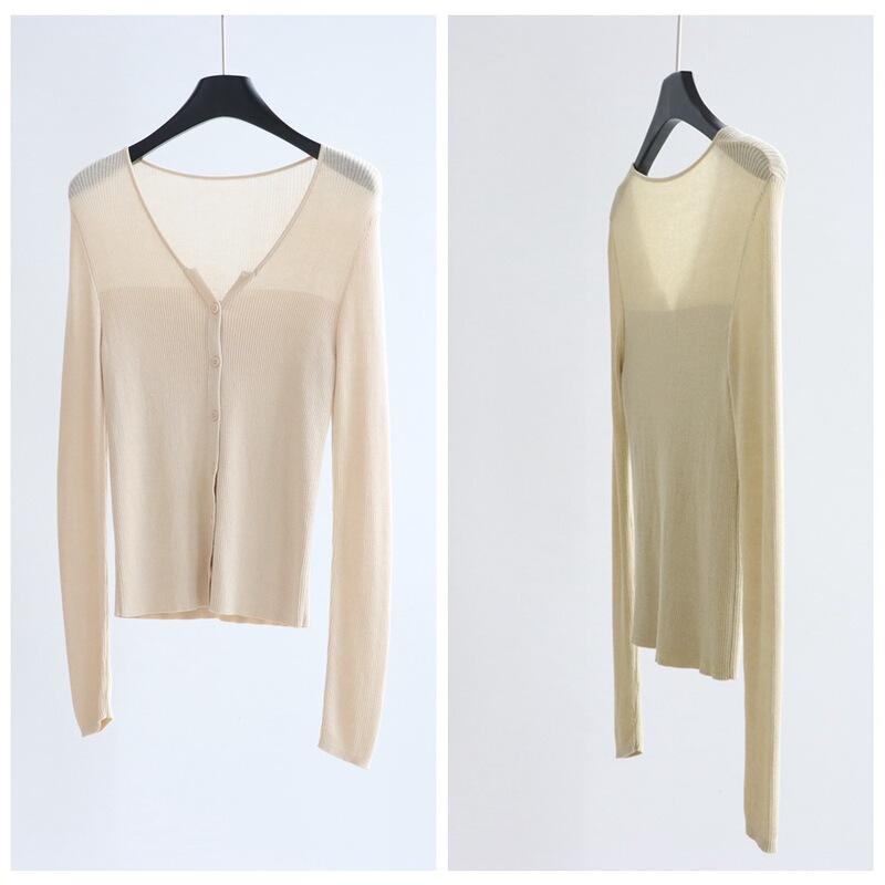 Shoulder Cut Out Lyocell V Neck Knitwear Cardigan Slim Long-sleeved Top Spring and Summer Thin Tencel Women's Clothing