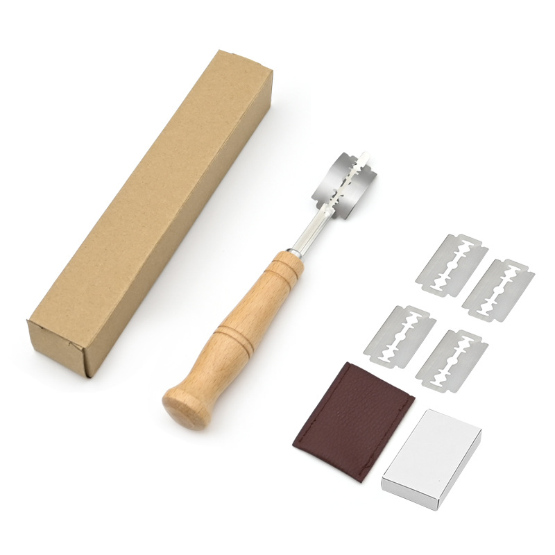 Cross-Border Baking Tools 304 Stainless Steel Bread Trimming Knife Wooden Handle Curved Bread Cutter Baguette Baking Cutting Pattern