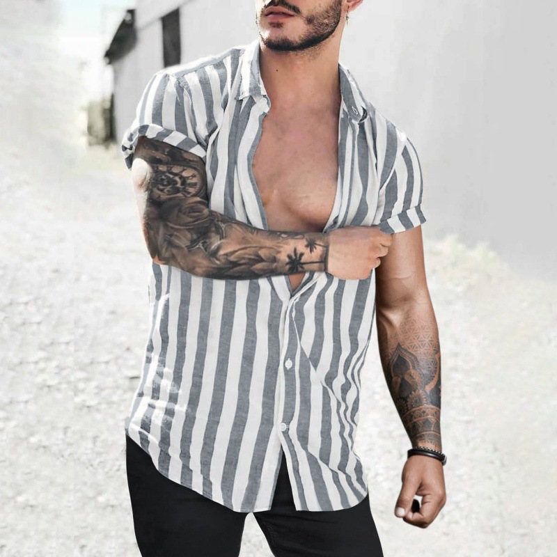 2022 cross-border spring and summer new Amazon wish explosions men's lapel striped cardigan linen short-sleeved shirt men