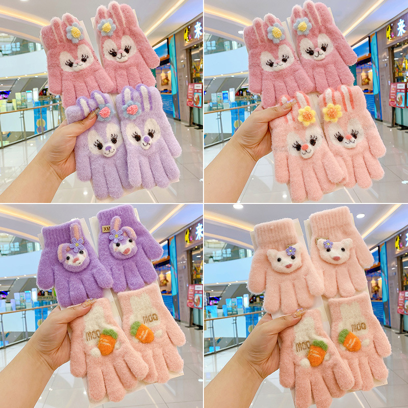 Children's Gloves Autumn and Winter Girls Cute Knitted Five-Finger Warm Sub-Finger Boys' and Girls' Cartoon Baby Five-Finger Set