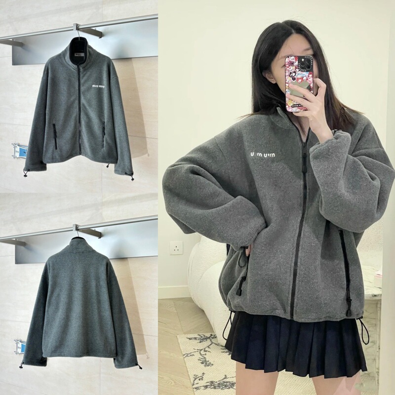 Correct Version 26Ss Early Spring New Miu Logo Fleece Zip-Up Jacket for Men and Women Casual Loose Jacket