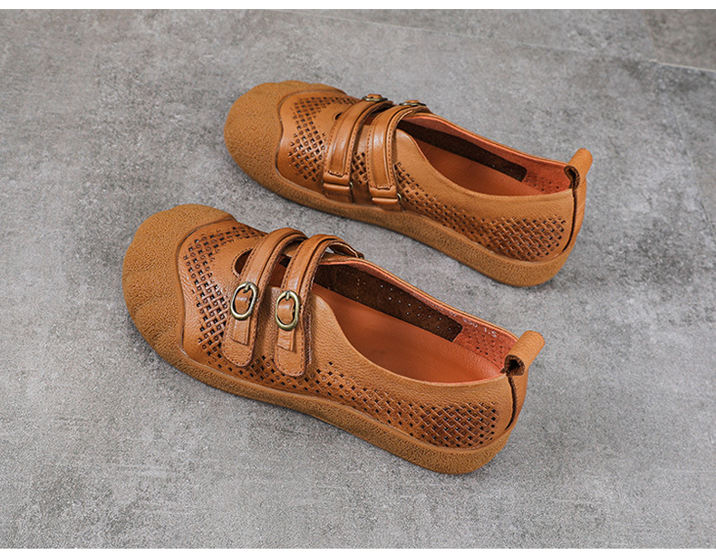 Sandal nữ da bò thật phong cách cổ điển, đế bệt, mũi kín, thiết kế thoáng khí họa tiết rỗ — màu nâu chi tiết 11