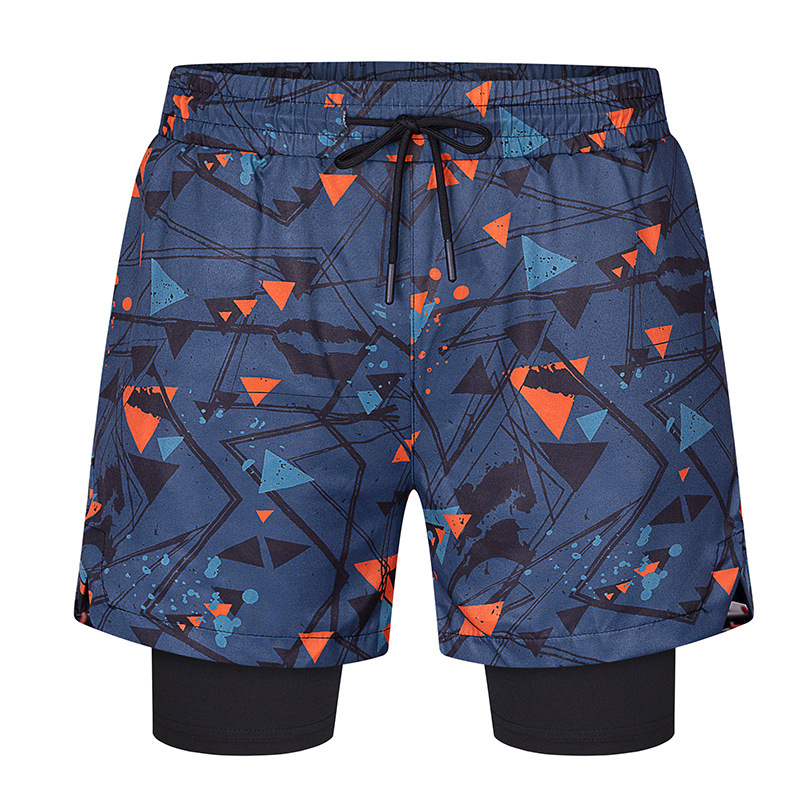 Pantalones cortos deportivos transfronterizos de secado rápido pantalones cortos de dos piezas falsos de los hombres bañador de doble capa anti-exposición pantalones de playa impresos elásticos
