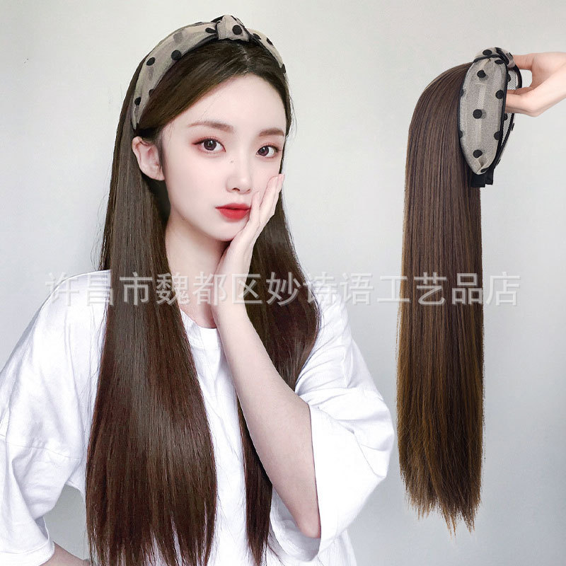 Headband Wig for Women, Lazy Style, Instant Black Long Straight Hair, Mesh Headband, Korean Fashion, Natural Internet Celebrity Half Wig