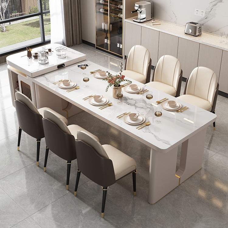 Mesa de comedor de plataforma de isla, placa de roca retráctil integrada, multifuncional con cocina de inducción, escritorio guía minimalista moderno de lujo ligero para el hogar, mesa y silla