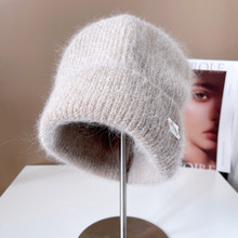 安哥拉兔毛混纺粗条纹针织帽子女冬季保暖毛线帽金属铭牌翻边帽潮