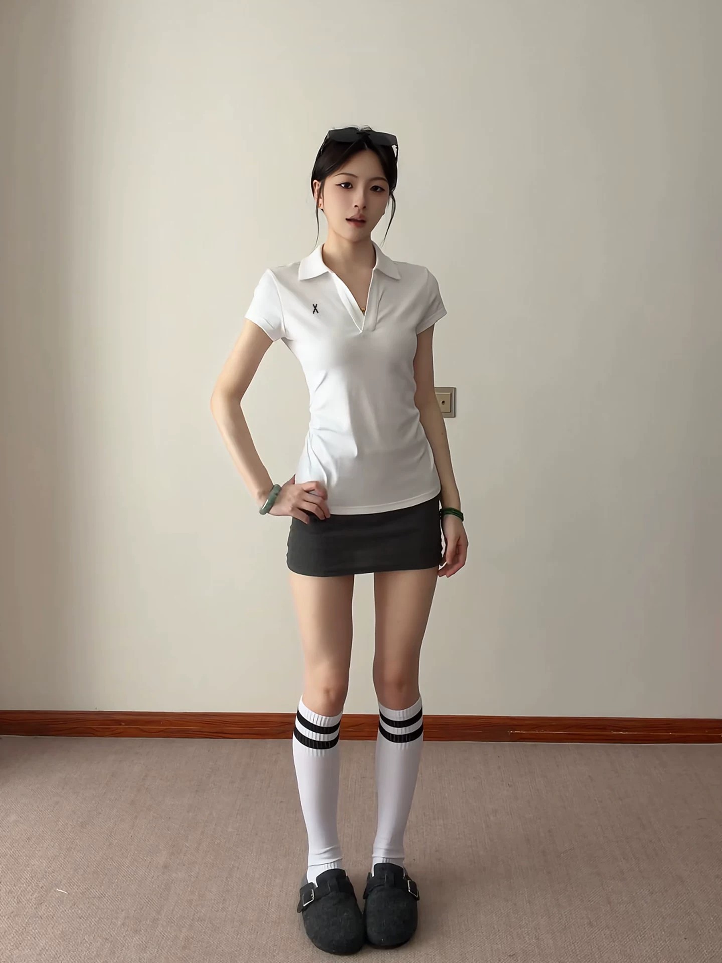 韩系气质V领正肩polo衫t恤女夏季修身收腰翻领运动网球服短袖上衣