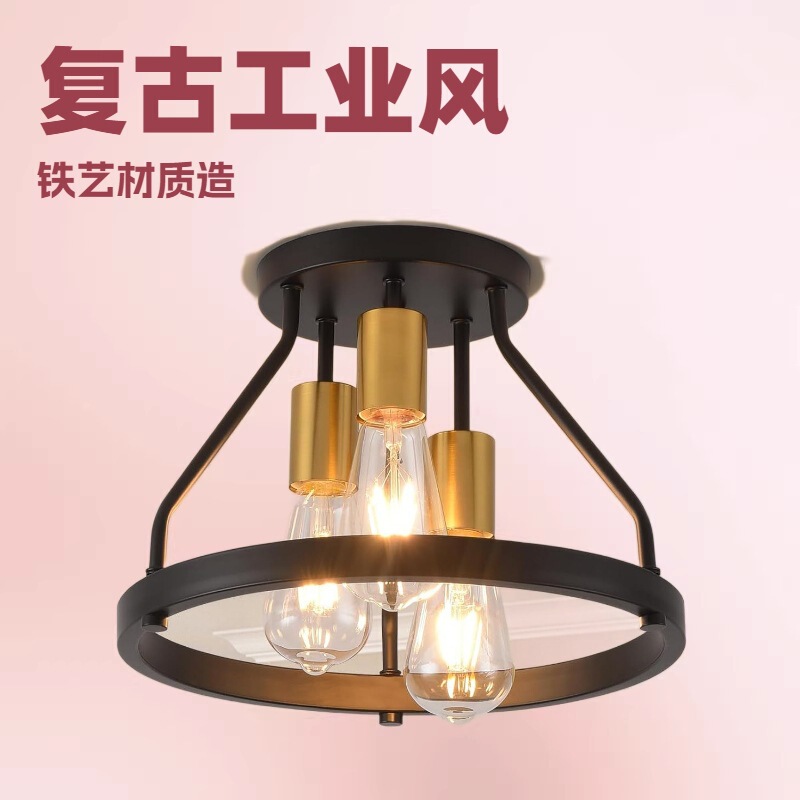 American Country Retro Industrial Style Semi-embedded Iron Ceiling Lamp Simple Bedroom Restaurant Aisle Porch Lamps