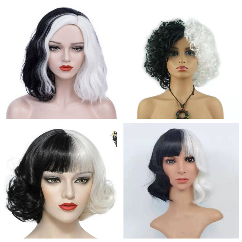 Cross-Border Hot-Selling European and American Witch Cruella Wig for Women, Black and White Witch Cosplay for Halloween
