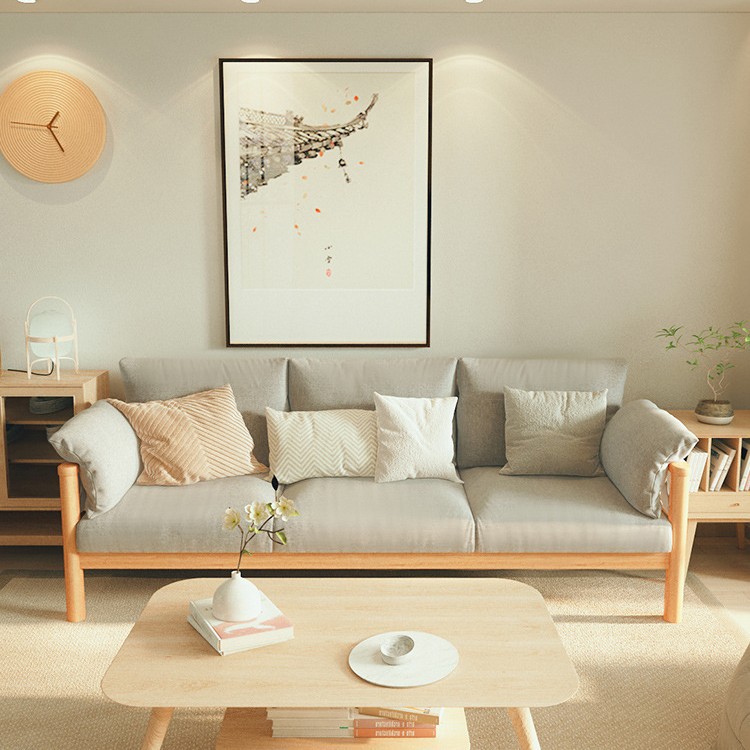 Japanese-Style Solid Wood Fabric Sofa for Small Spaces, Nordic Minimalist Modern Living Room, Two to Three-Seater Wabi-Sabi Sofa