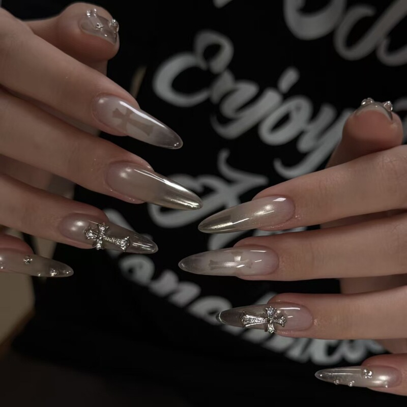 Purely Handmade Wearable Nails in Nude Gray Gradient with Cross Design, Light Luxury Hot Girl Style, Brightening Effect, Long Pointed Chrome Hearts Nail Tips Purely Handmade Wearable Nails in Nude Gray Gradient with Cross Design, Light Luxury Hot Girl Style, Brightening Effect, Long Pointed Chrome Hearts Nail Tips