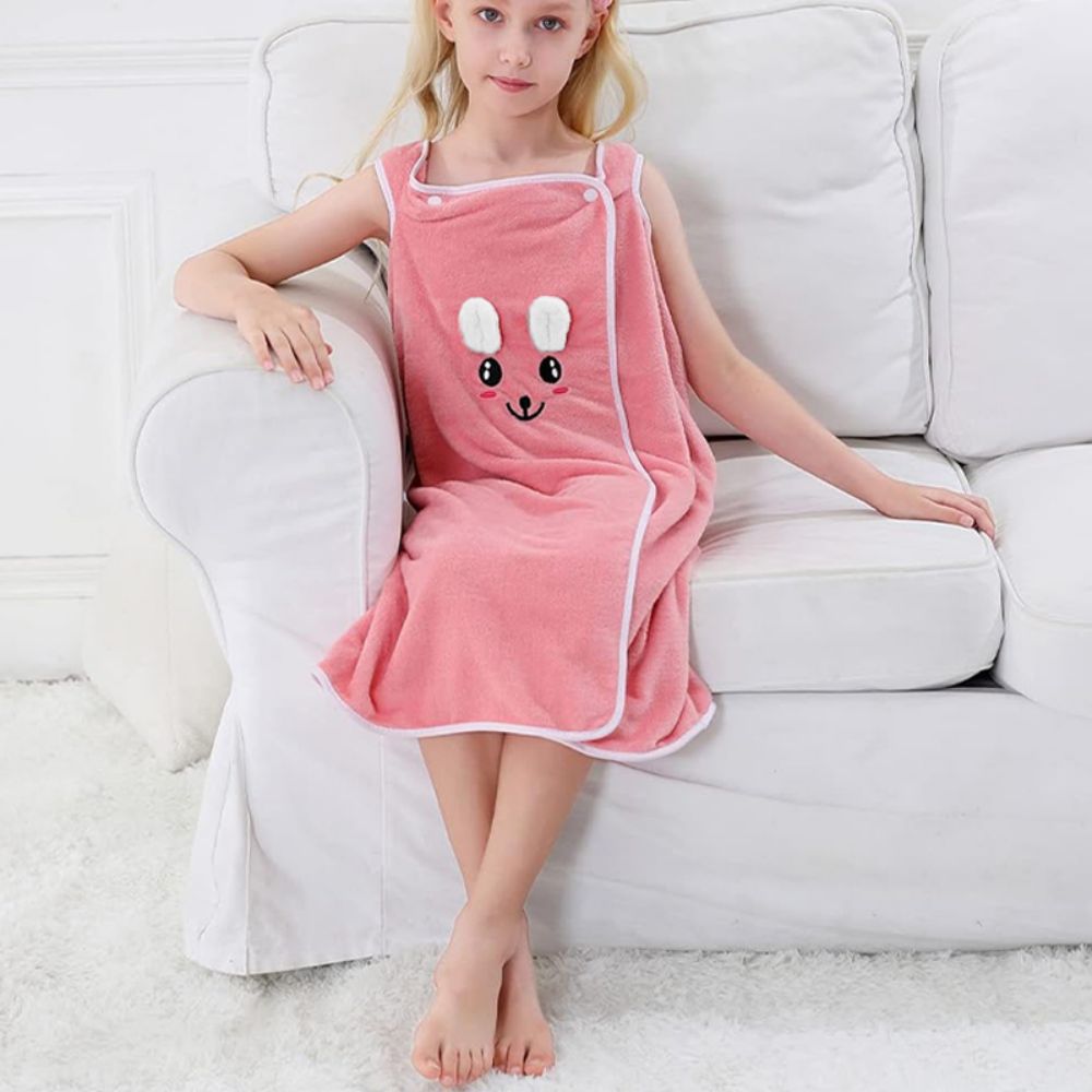 Children's Wearable Rabbit Ears Bath Robe for Girls, Thick Absorbent Quick-Dry Soft Coral Fleece with Adjustable Snaps Bath Towel