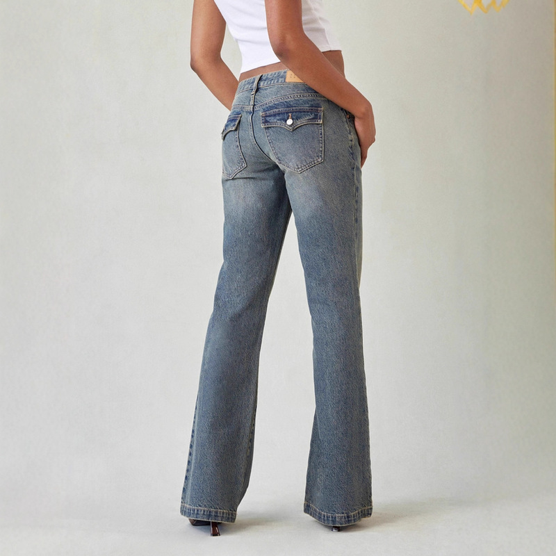 Cross-Border European and American Retro Washed Y2K Low-Waist Bootcut Jeans for Women Casual and Versatile Wholesale