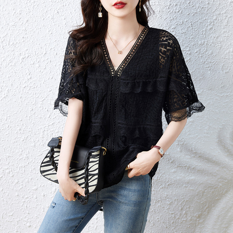 Real Shot Black Embroidered Lace V-neck Short Sleeve Women's Summer 2024 New Loose Fashion Western Style Chiffon Shirt for Women