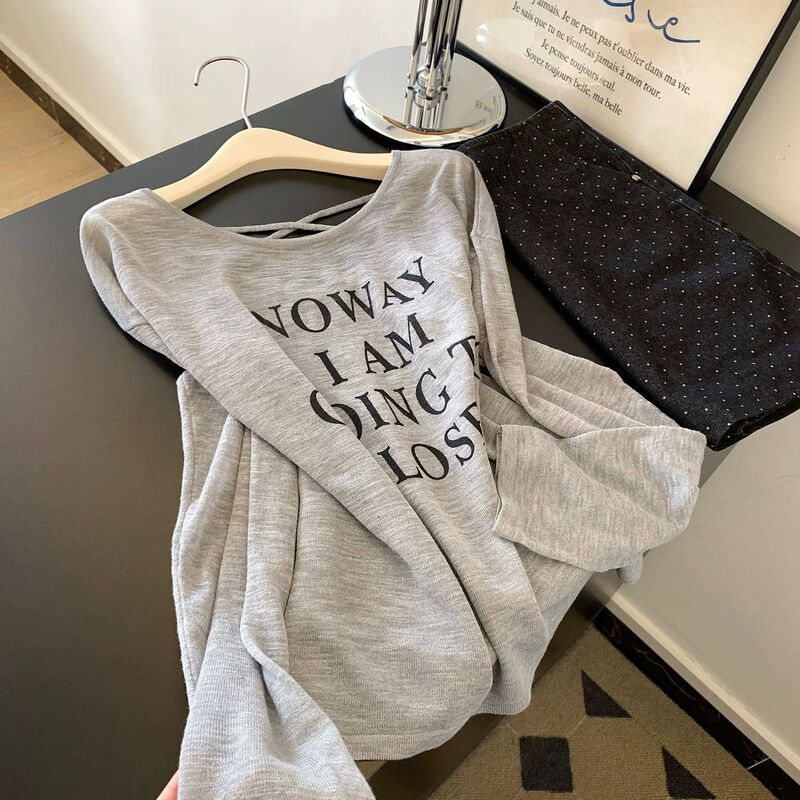 Gray letter print backless t-shirt, sun protection cover-up, sheer long-sleeve thin top, versatile loose-fitting summer t-shirt for women