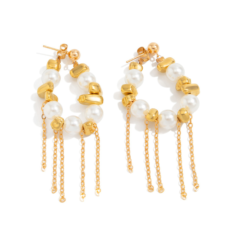 欧美跨境简约ins不规则串珠仿珍珠耳环 时尚流苏链条耳饰Earrings|undefined