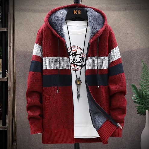 Men's autumn and winter new plush and thick sweater jacket, fashionable and loose color matching knitted cardigan jacket_voghion.com