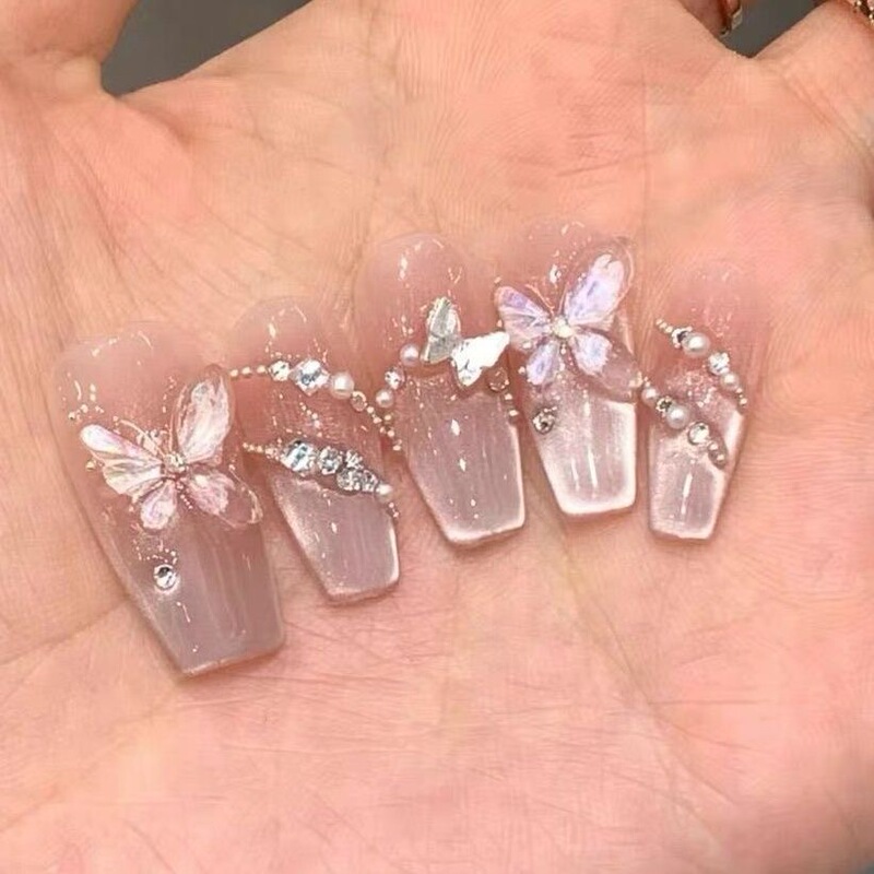 【Mirror Moon Butterfly】Phototherapy Wearable Nails Wholesale Finished Products Reusable Nail Art Stickers Removable Cat's Eye Shell