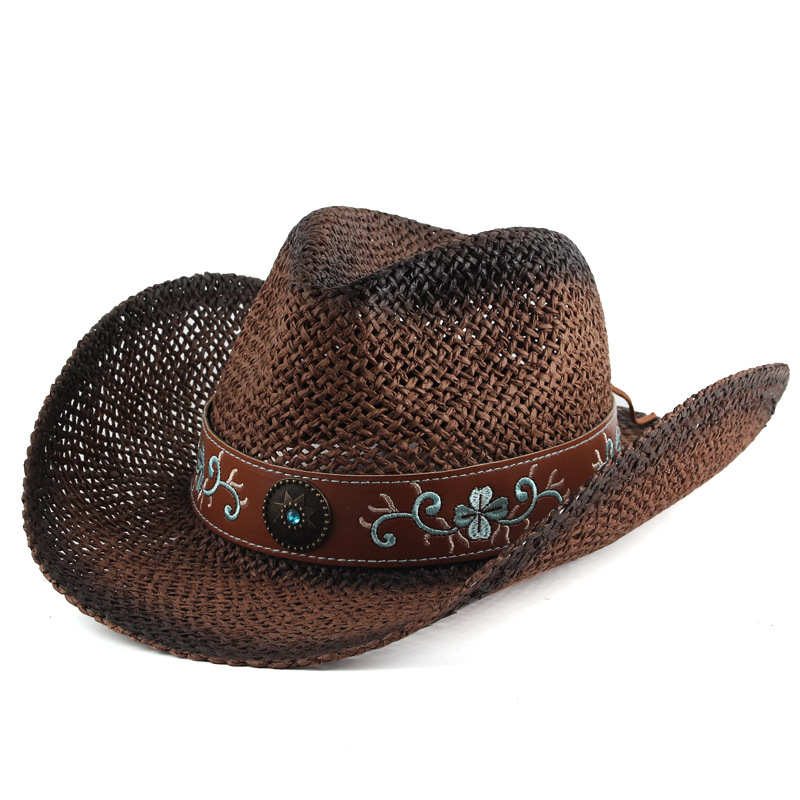 Venta directa de fábrica de paja de papel sombrero de punto a mano transpirable hueco ala curva Denim sombrero de paja bordado accesorios al aire libre sombrero de jazz Retro