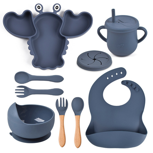 Silicone Lobster Dinner Plate Baby Bib Infant Children Bowl Tableware Spoons Forks Anti-slip Snack Cups Set Factory Wholesale