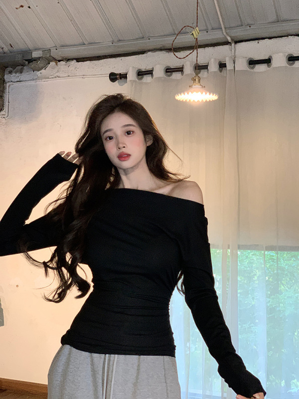 实拍260G人棉磨毛长袖t恤女2025初秋新款纯色修身打底衫斜领上衣|undefined