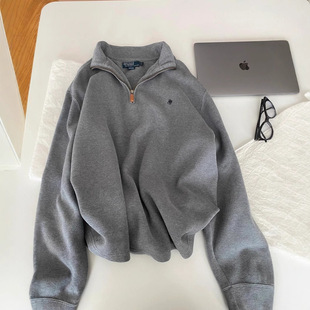 RL Ralph Pony Mark Sweat Men's Couples Lapel Loose American Retro Sweat Women's Long Sleeve Polo Half Zipper