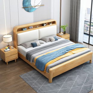 Nordic Style Solid Wood Bed 1.8 Soft Double Bed with Night Light Modern Simple 1.5 m1.35 Small Apartment 1.2 Storage Bed