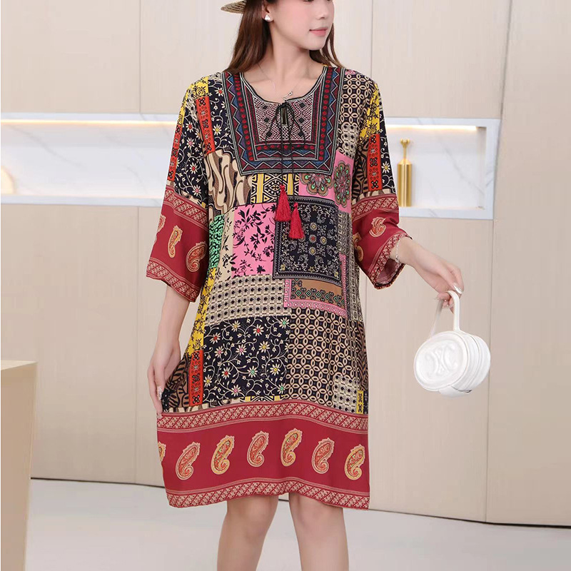 タイ風Aラインコットンワンピース、夏向け、クロスボーダーコットンシルクワンピース、アーティスティックレトロエスニック風婦人服
