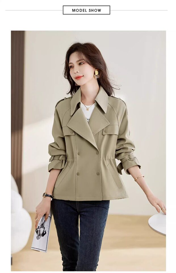 Áo khoác gió kaki nữ dáng ngắn có dây rút, dài tay, cổ lật — Khaki (có sẵn), Đen (Còn hàng) chi tiết 25