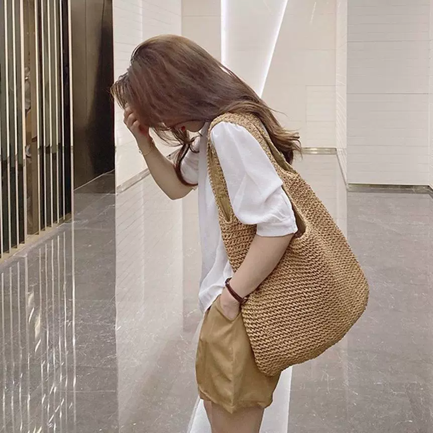 草编包女2025新款夏季百搭休闲单肩包森系手工编织包大容量沙滩包