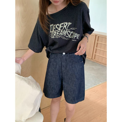 GAGD Retro Denim Color Hempen Women's Summer Thin Casual Straight Leg 5-inch Denim Pants