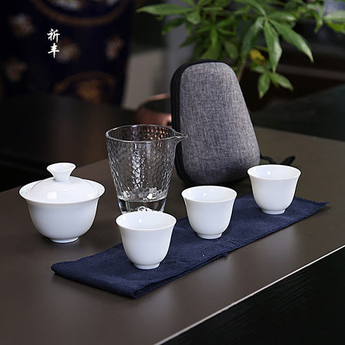 Dehua White Porcelain Travel Teapot Set with Three Cups and Lid, Outdoor Portable Simple Carry Bag with Custom Logo