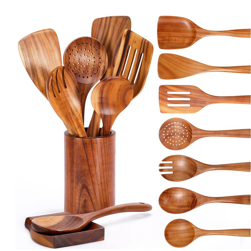 Acacia wood spatula 9-piece wooden kitchenware suit high temperature resistant spatula salad spoon soup spoon noodle spoon colander