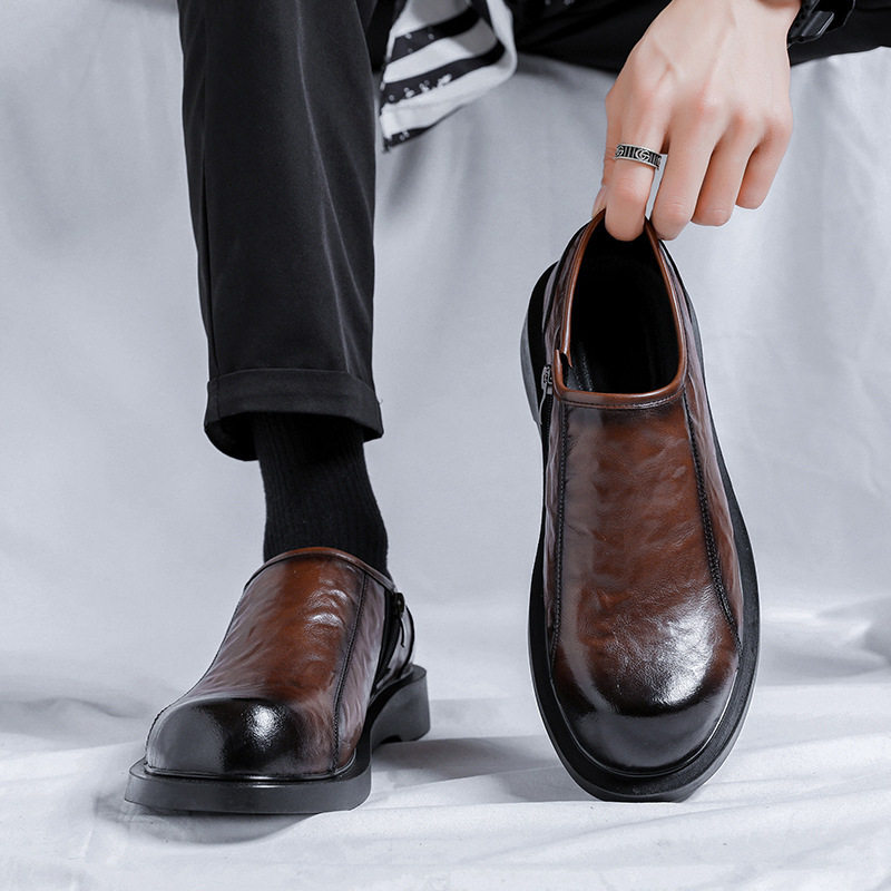 Giày lười nam da bò mũi tròn phong cách Anh gót thấp dễ phối đồ — Màu đen