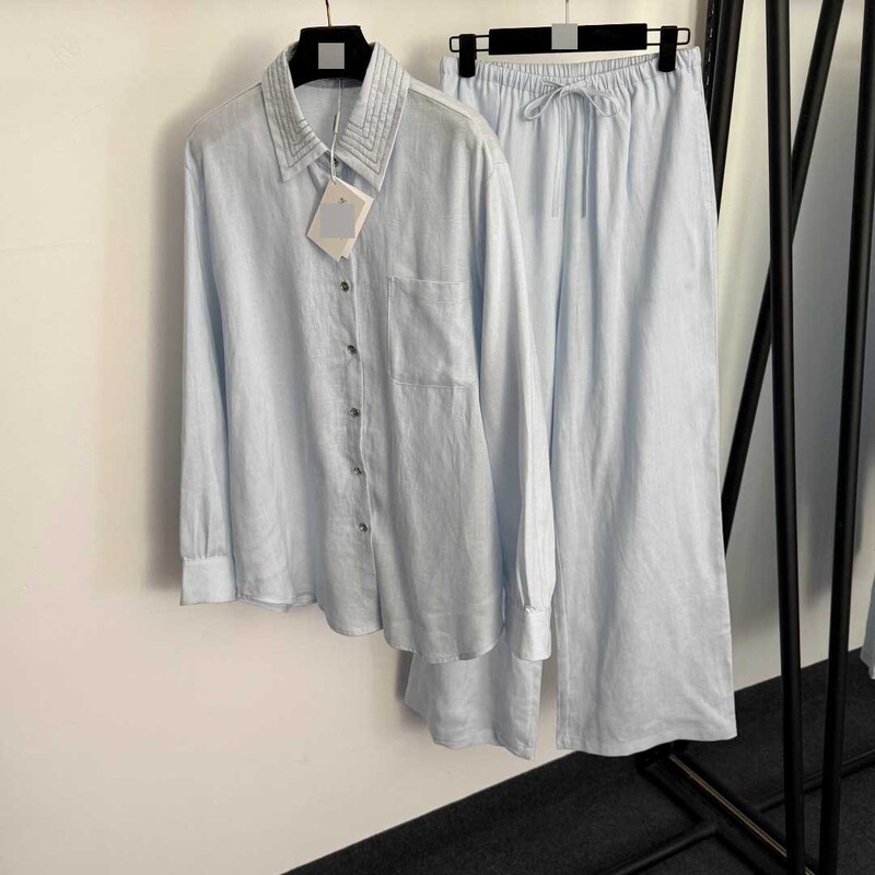 Nanyou's New Bc Linen Stylish Set: Pearl Chain-Decorated Lapel Long-Sleeve Shirt + Drawstring High-Waisted Wide-Leg Pants Nanyou's New Bc Linen Stylish Set: Pearl Chain-Decorated Lapel Long-Sleeve Shirt + Drawstring High-Waisted Wide-Leg Pants