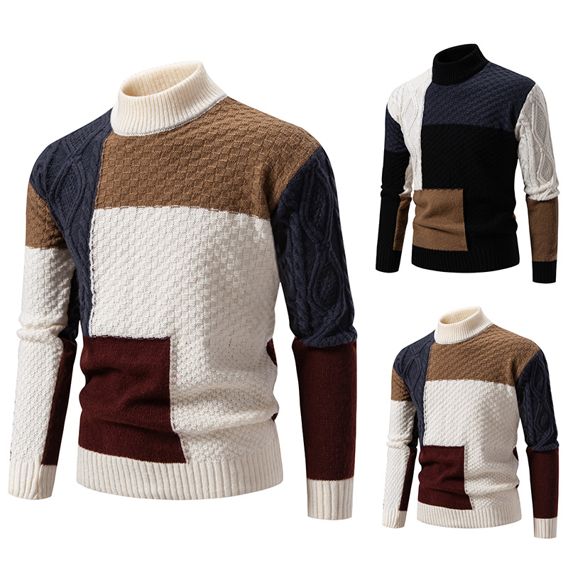 Men's Clothing Men's Color Block Crewneck Sweater, Casual Knit Pullover With Relaxed Fit, Semi-Turtle Neck Winter Warm Top For Teens & Adults_voghion.com